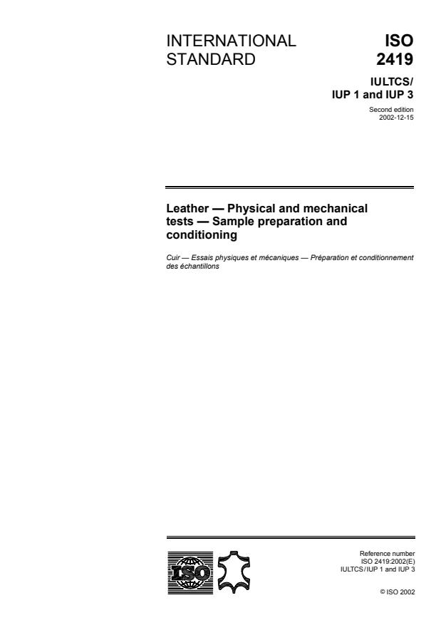 ISO 2419:2002 - Leather -- Physical and mechanical tests -- Sample preparation and conditioning