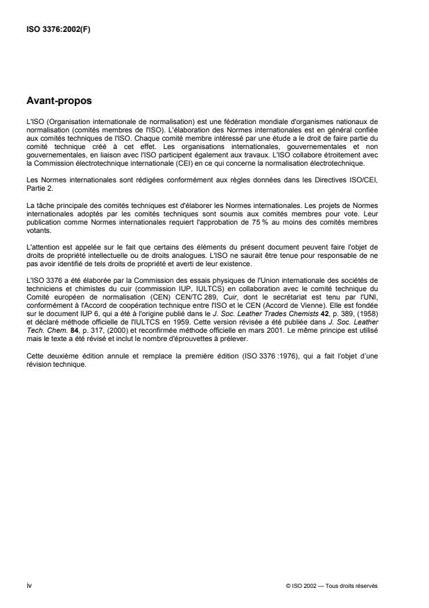 ISO 3376:2002 ISO 3376:2002 - Cuir -- Essais physiques et mécaniques -- Détermination de la résistance a la traction et du pourcentage d'allongement - Page 4 preview