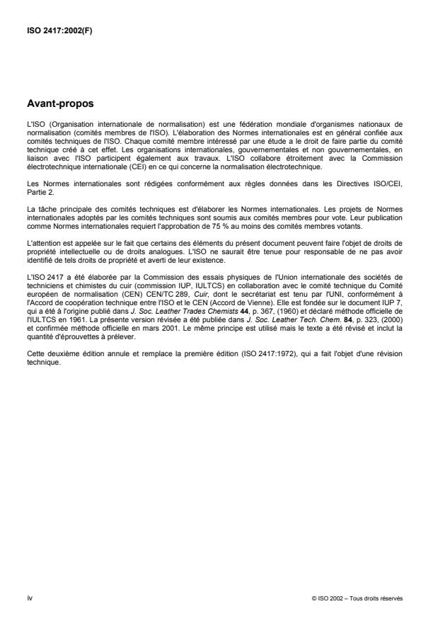 ISO 2417:2002 ISO 2417:2002 - Cuir -- Essais physiques et mécaniques -- Détermination de l'absorption statique d'eau - Page 4 preview
