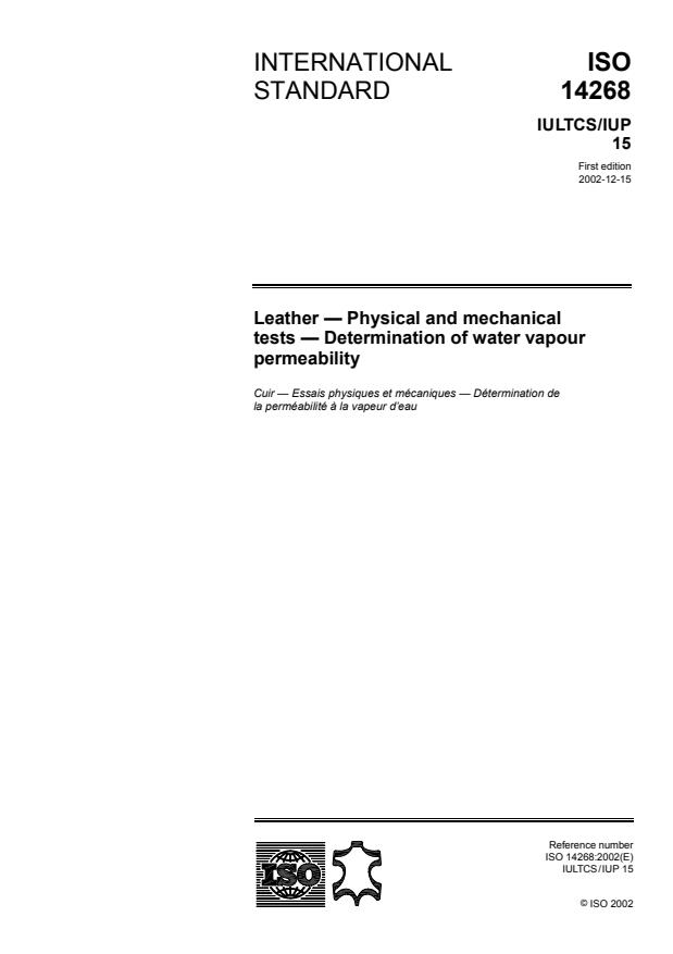 ISO 14268:2002 - Leather -- Physical and mechanical tests -- Determination of water vapour permeability