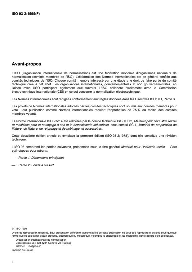 ISO 93-2:1999 ISO 93-2:1999 - Matériel pour l'industrie textile -- Pots cylindriques pour rubans - Page 2 preview