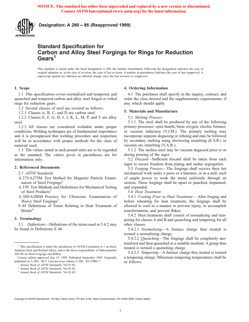 ASTM A290-95(1999) - Standard Specification for Carbon and Alloy Steel Forgings for Rings for Reduction Gears