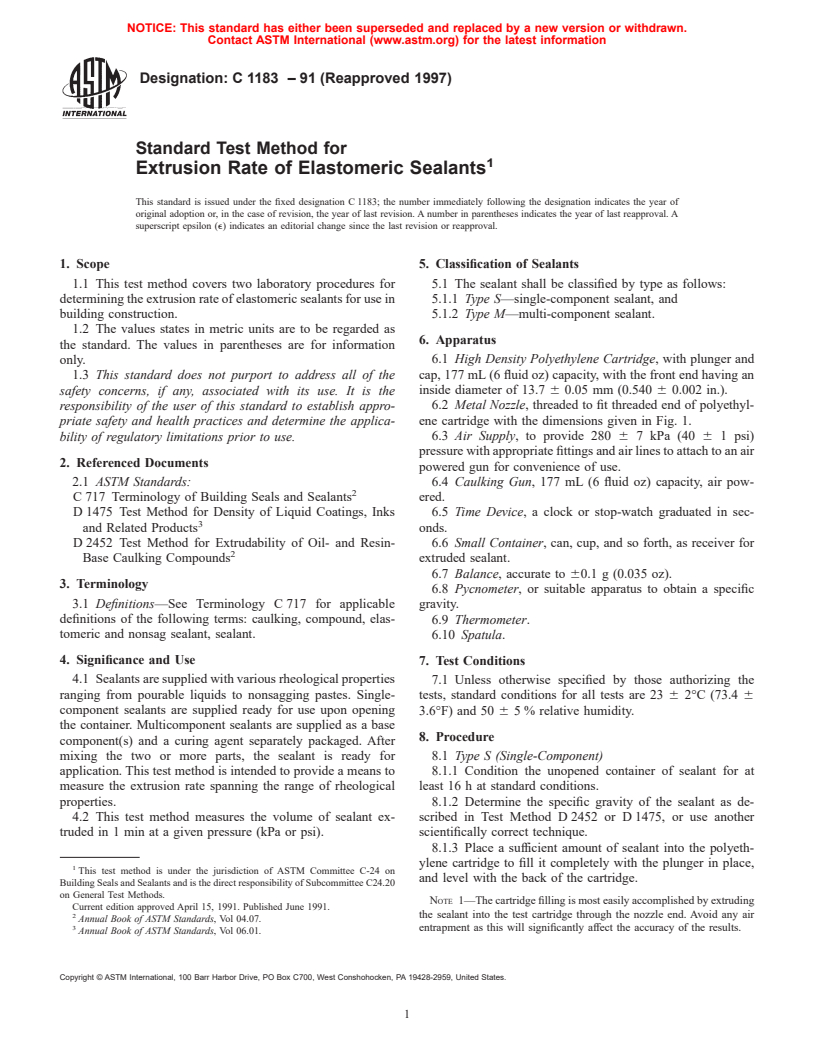 ASTM C1183-91(1997) - Standard Test Method for Extrusion Rate of Elastomeric Sealants