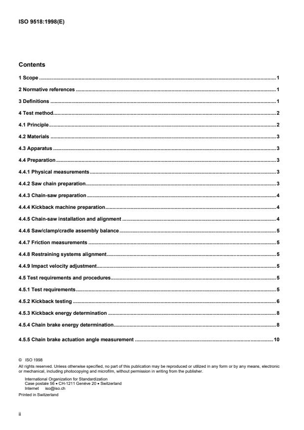 ISO 9518:1998 ISO 9518:1998 - Forestry machinery -- Portable chain-saws -- Kickback test - Page 2 preview