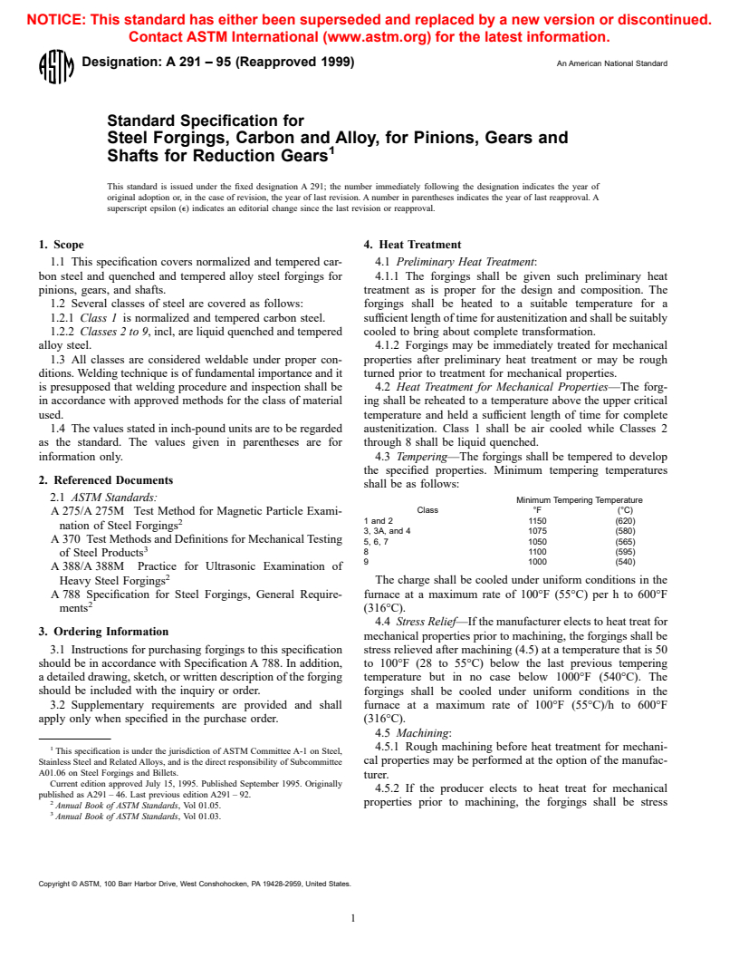 ASTM A291-95(1999) - Standard Specification for Steel Forgings, Carbon and Alloy, for Pinions, Gears and Shafts for Reduction Gears