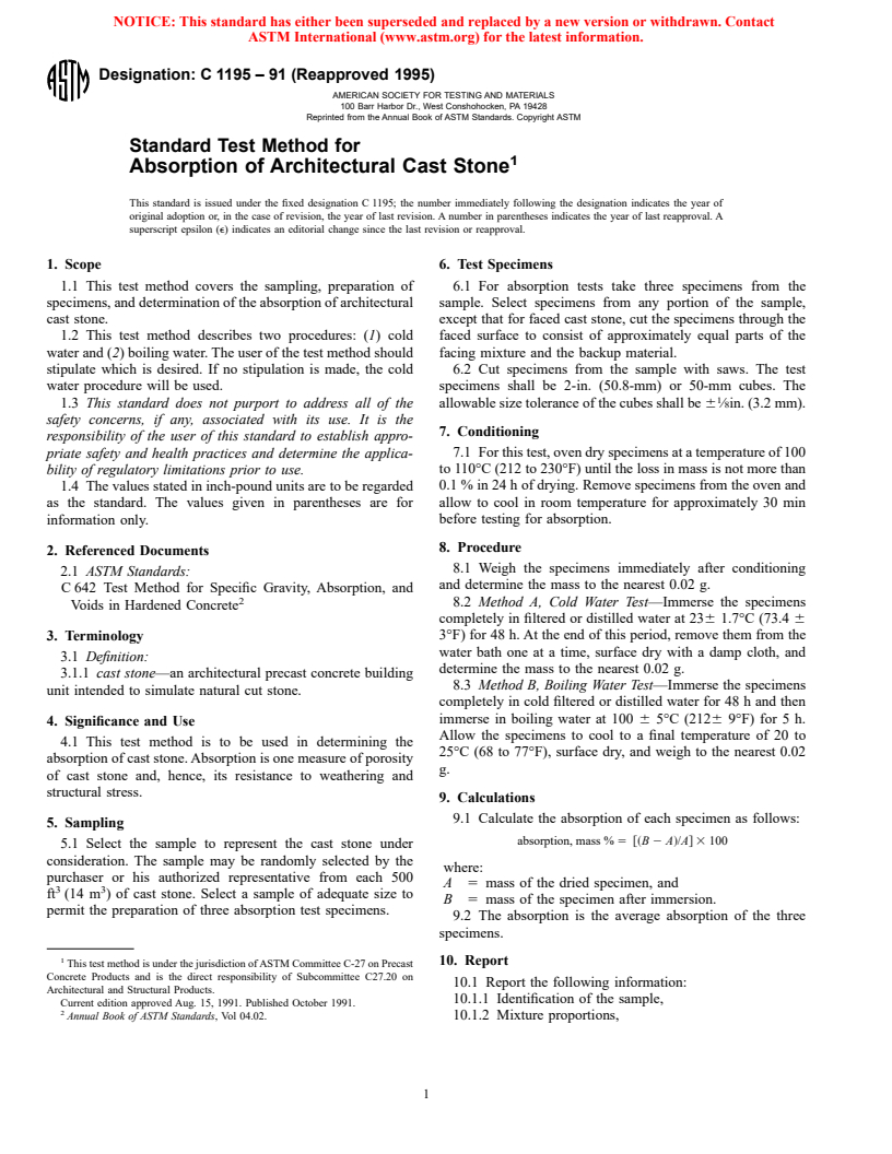 ASTM C1195-91(1995) - Standard Test Method for Absorption of Architectural Cast Stone