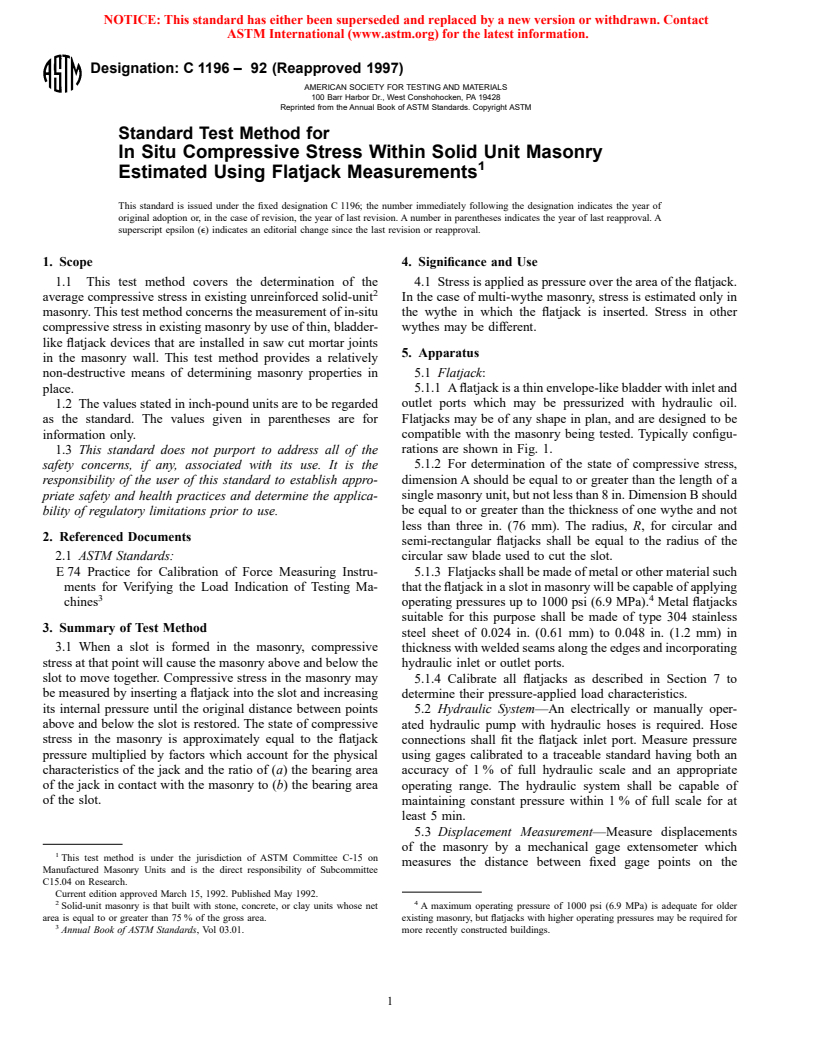 ASTM C1196-92(1997) - Standard Test Method for In Situ Compressive Stress Within Solid Unit Masonry Estimated Using Flatjack Measurements