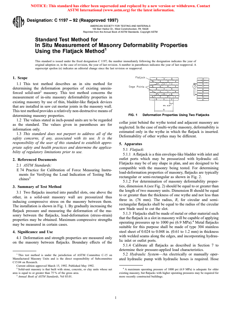 ASTM C1197-92(1997) - Standard Test Method for In Situ Measurement of Masonry Deformability Properties Using the Flatjack Method