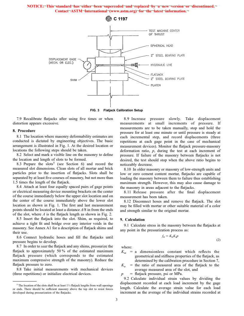 ASTM C1197-92(1997) - Standard Test Method for In Situ Measurement of Masonry Deformability Properties Using the Flatjack Method