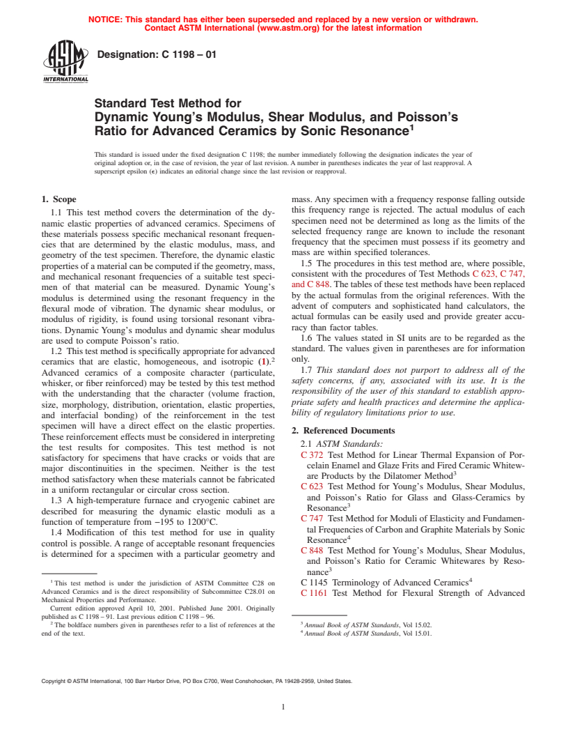 ASTM C1198-01 - Standard Test Method for Dynamic Young's Modulus, Shear Modulus, and Poisson's Ratio for Advanced Ceramics by Sonic Resonance