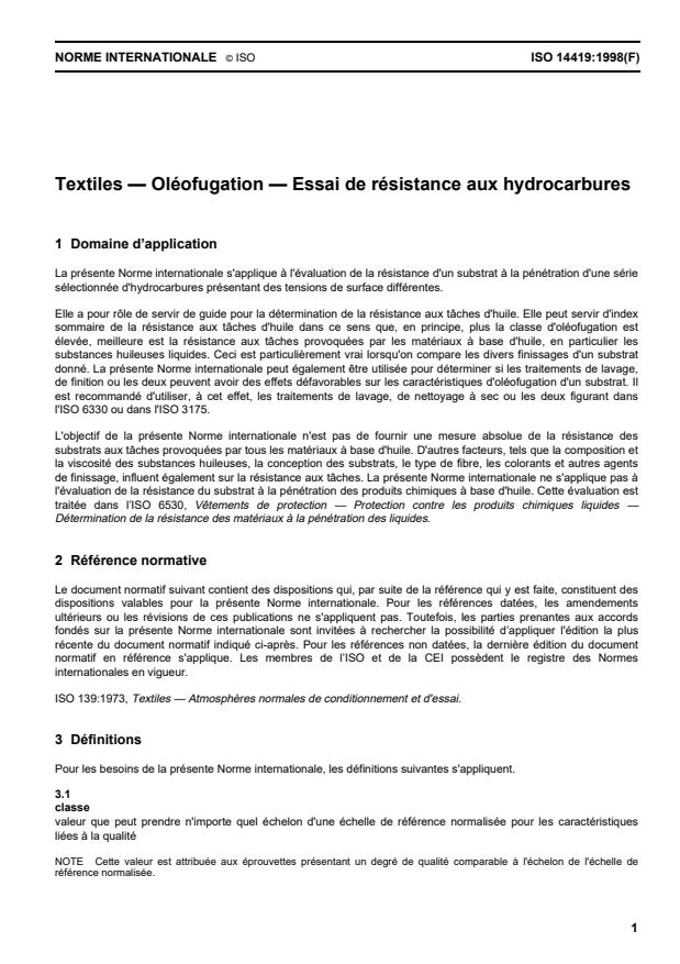 ISO 14419:1998 - Textiles -- Oléofugation -- Essai de résistance aux hydrocarbures
