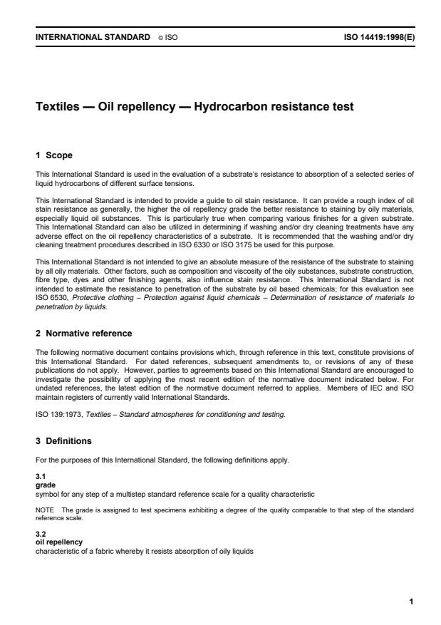 ISO 14419:1998 - Textiles -- Oil repellency -- Hydrocarbon resistance test