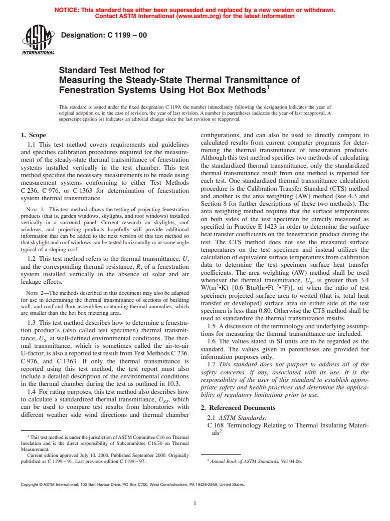 ASTM C1199-00 - Standard Test Method for Measuring the Steady-State Thermal Transmittance of Fenestration Systems Using Hot Box Methods