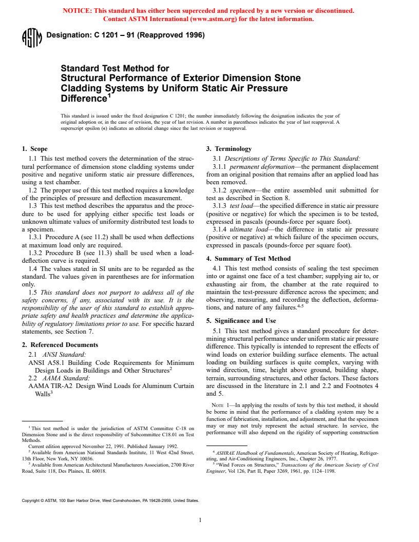 ASTM C1201-91(1996) - Standard Test Method for Structural Performance of Exterior Dimension Stone Cladding Systems by Uniform Static Air Pressure Difference