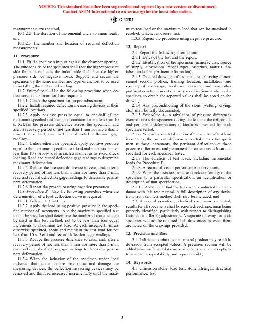 ASTM C1201-91(1996) - Standard Test Method for Structural Performance of Exterior Dimension Stone Cladding Systems by Uniform Static Air Pressure Difference