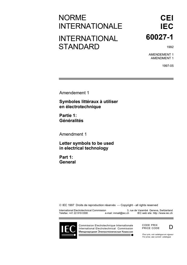 IEC 60027-1:1992/AMD1:1997 - Amendment 1 - Letter symbols to be used in electrical technology - Part 1: General
