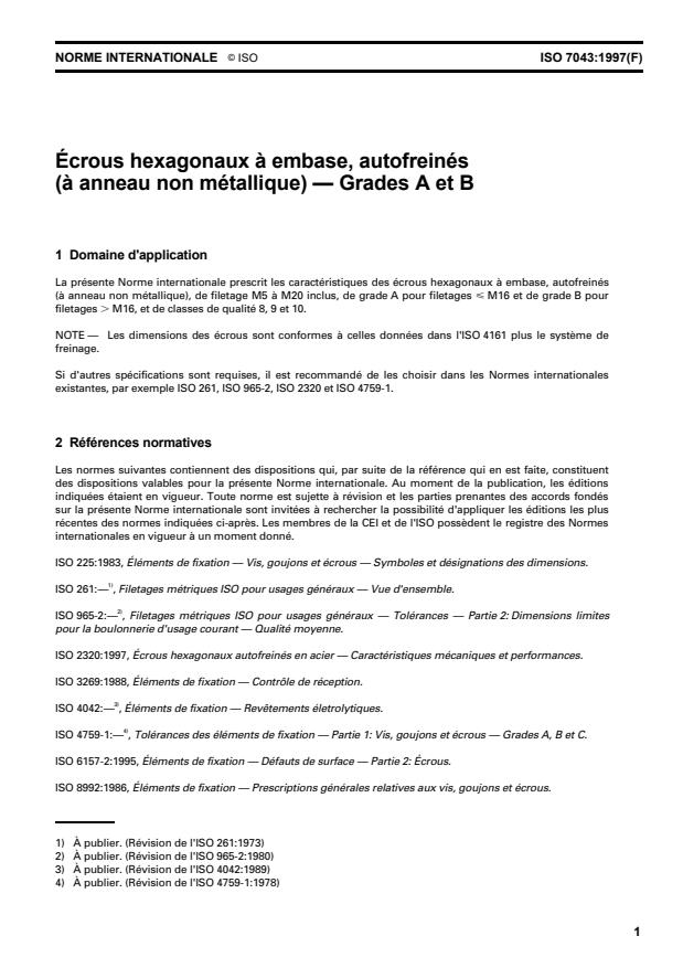 ISO 7043:1997 - Écrous hexagonaux a embase, autofreinés (a anneau non métallique) -- Grades A et B