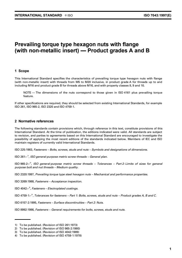 ISO 7043:1997 - Prevailing torque type hexagon nuts with flange (with non-metallic insert) -- Product grades A and B