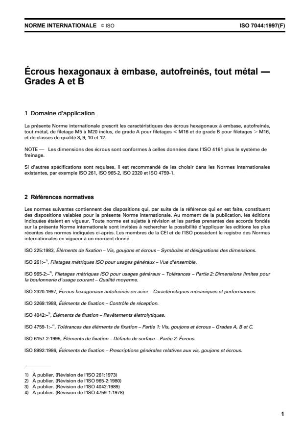 ISO 7044:1997 - Écrous hexagonaux a embase, autofreinés, tout métal -- Grades A et B