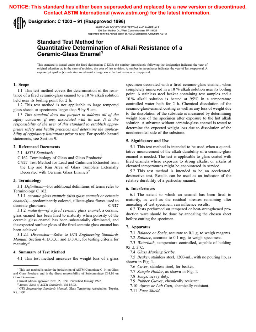 ASTM C1203-91(1996) - Standard Test Method for Quantitative Determination of Alkali Resistance of a Ceramic-Glass Enamel