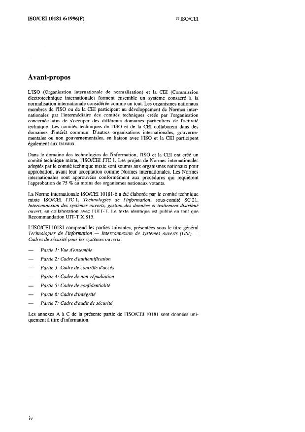 ISO/IEC 10181-6:1996 ISO/IEC 10181-6:1996 - Technologies de l'information -- Interconnexion de systemes ouverts (OSI) -- Cadres de sécurité pour les systemes ouverts: Cadre d'intégrité - Page 4 preview
