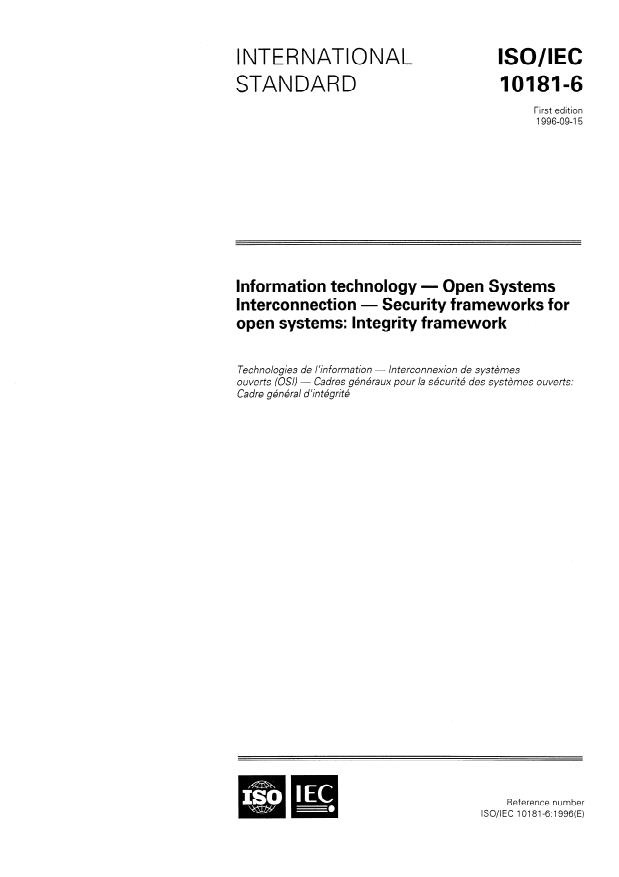 ISO/IEC 10181-6:1996 - Information technology -- Open Systems Interconnection -- Security frameworks for open systems: Integrity framework