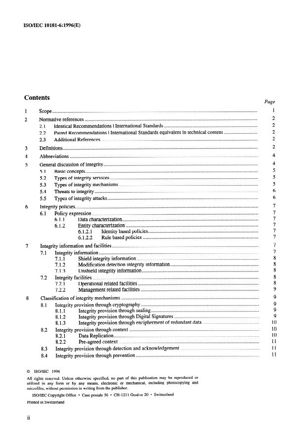 ISO/IEC 10181-6:1996 ISO/IEC 10181-6:1996 - Information technology -- Open Systems Interconnection -- Security frameworks for open systems: Integrity framework - Page 2 preview