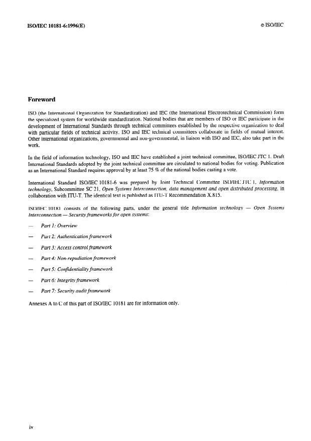 ISO/IEC 10181-6:1996 ISO/IEC 10181-6:1996 - Information technology -- Open Systems Interconnection -- Security frameworks for open systems: Integrity framework - Page 4 preview