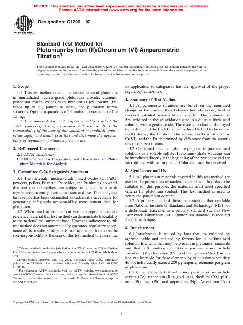 ASTM C1206-02 - Standard Test Method for Plutonium by Iron (II)/Chromium (VI) Amperometric Titration