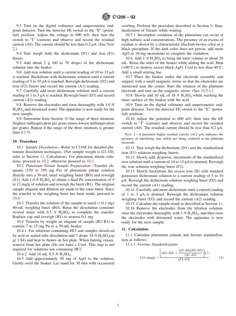 ASTM C1206-02 - Standard Test Method for Plutonium by Iron (II)/Chromium (VI) Amperometric Titration