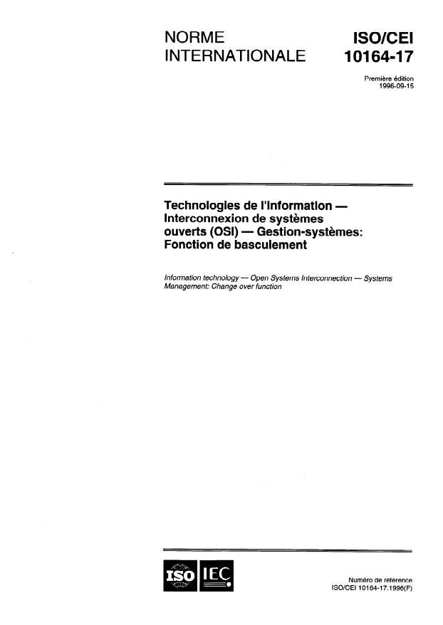 ISO/IEC 10164-17:1996 - Technologies de l'information -- Interconnexion de systemes ouverts (OSI) -- Gestion-systemes: Fonction de basculement