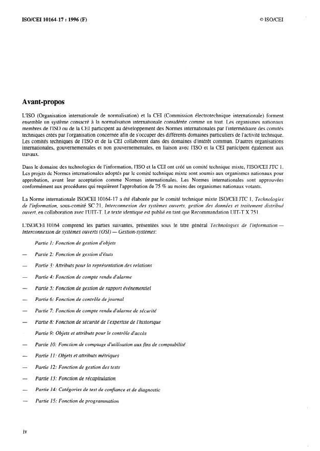 ISO/IEC 10164-17:1996 ISO/IEC 10164-17:1996 - Technologies de l'information -- Interconnexion de systemes ouverts (OSI) -- Gestion-systemes: Fonction de basculement - Page 4 preview