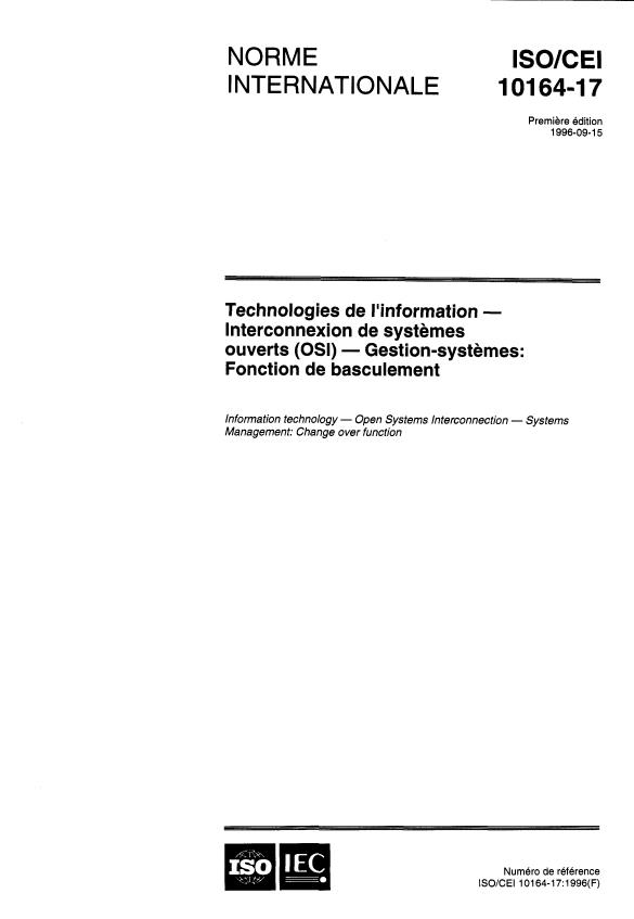 ISO/IEC 10164-17:1996 - Technologies de l'information -- Interconnexion de systemes ouverts (OSI) -- Gestion-systemes: Fonction de basculement