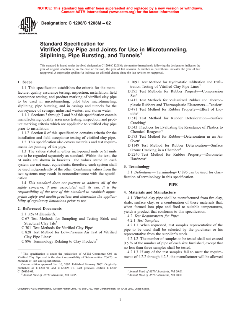 ASTM C1208/C1208M-02 - Standard Specification for Vitrified Clay Pipe and Joints for Use in Microtunneling, Sliplining, Pipe Bursting, and Tunnels