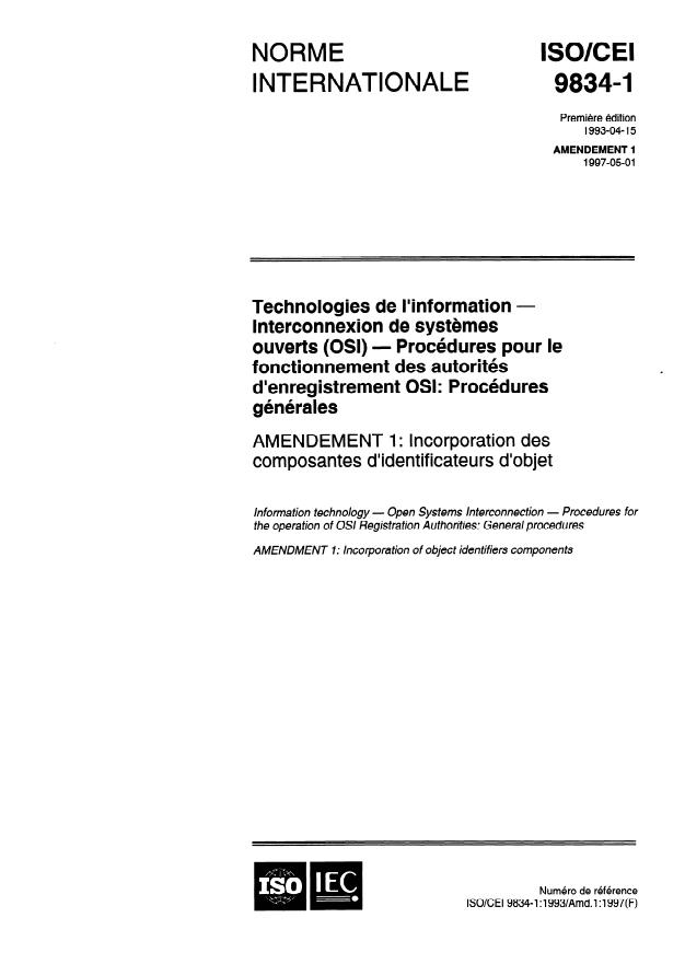 ISO/IEC 9834-1:1993/Amd 1:1997 - Incorporation des composantes d'identificateurs d'objet