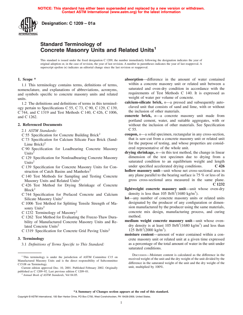 ASTM C1209-01a - Standard Terminology of Concrete Masonry Units and Related Units