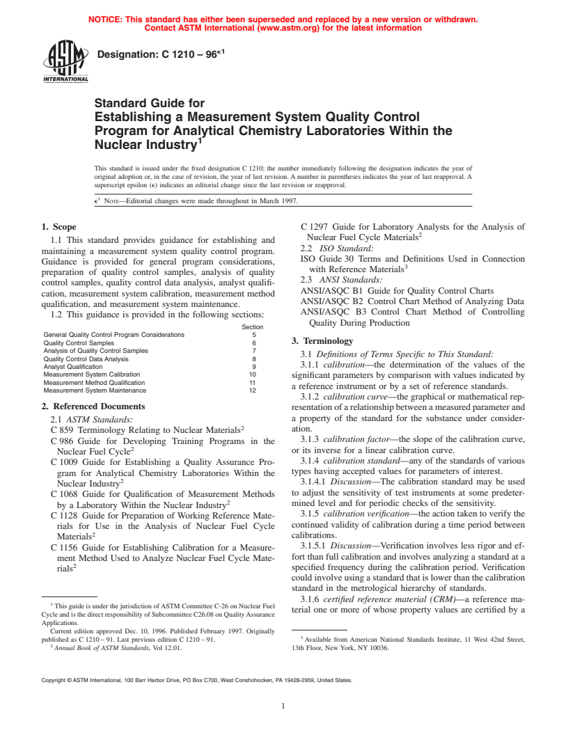 ASTM C1210-96e1 - Standard Guide for Establishing a Measurement System Quality Control Program for Analytical Chemistry Laboratories Within the Nuclear Industry (Withdrawn 2005)