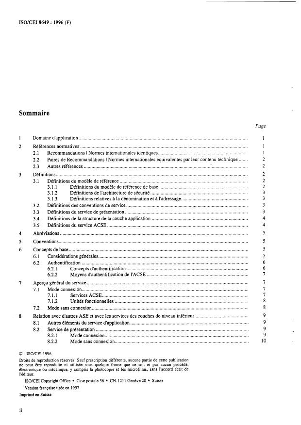 ISO/IEC 8649:1996 ISO/IEC 8649:1996 - Technologies de l'information -- Interconnexion de systemes ouverts (OSI) -- Définition de service applicable a l'élément de service de contrôle d'association - Page 2 preview