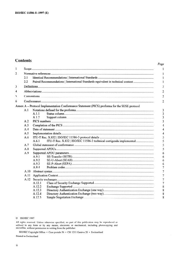 ISO/IEC 11586-5:1997 ISO/IEC 11586-5:1997 - Information technology -- Open Systems Interconnection -- Generic upper layers security: Security Exchange Service Element (SESE) Protocol Implementation Conformance Statement (PICS) proforma - Page 2 preview