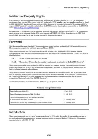 SIST EN 302 435-2 V1.2.1:2008 ETSI EN 302 435-2 V1.2.1 (2008-04) - Electromagnetic compatibility and Radio spectrum Matters (ERM); Short Range Devices (SRD); Technical characteristics for SRD equipment using Ultra WideBand technology (UWB); Building Material Analysis and Classification equipment applications operating in the frequency band from 2,2 GHz to 8 GHz; Part 2: Harmonized EN covering the essential requirements of article 3.2 of the R&TTE Directive - Page 4 preview
