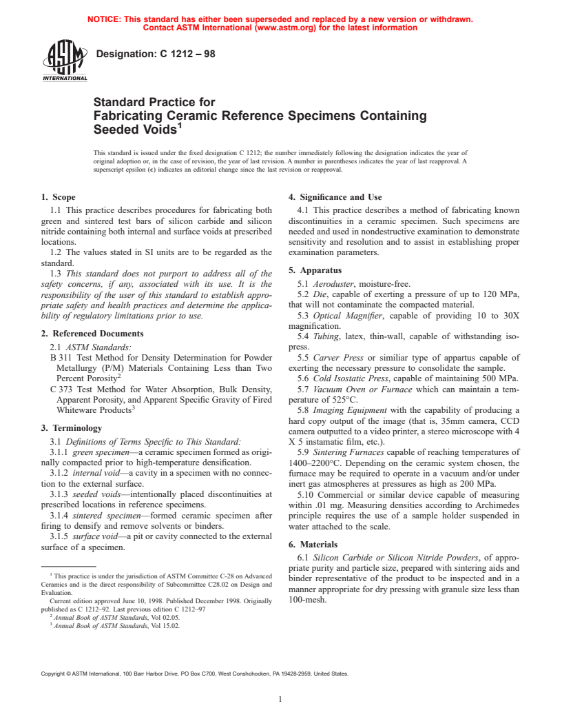 ASTM C1212-98 - Standard Practice for Fabricating Ceramic Reference Specimens Containing Seeded Voids