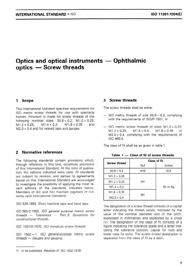 ISO 11381:1994 - Optics and optical instruments -- Ophthalmic optics -- Screw threads