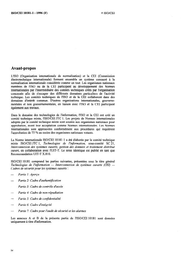ISO/IEC 10181-1:1996 ISO/IEC 10181-1:1996 - Technologies de l'information -- Interconnexion de systemes ouverts (OSI) -- Cadres de sécurité pour les systemes ouverts: Aperçu - Page 4 preview