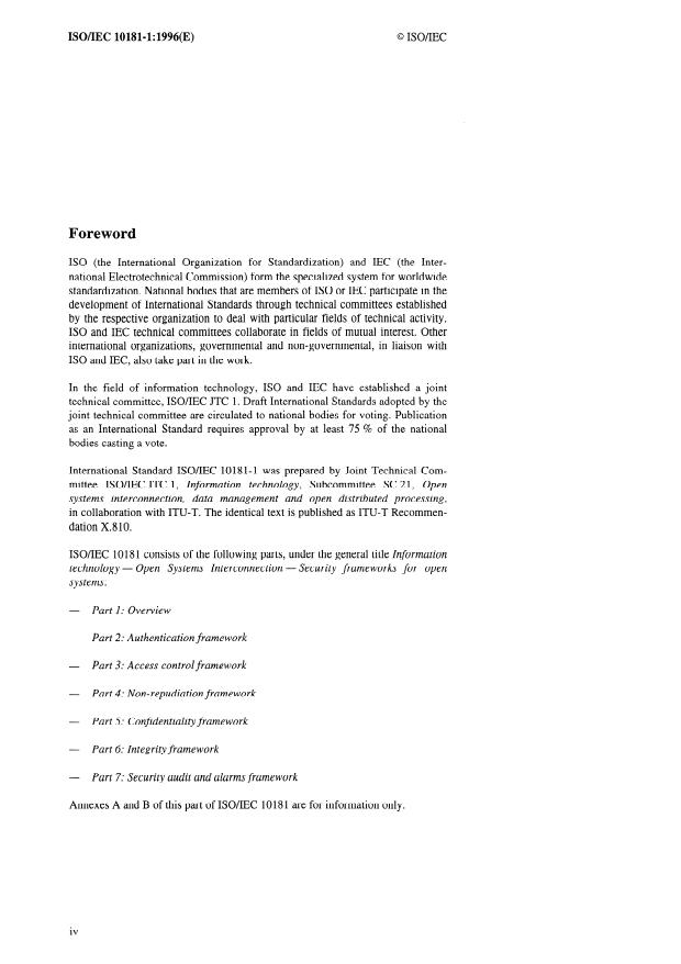 ISO/IEC 10181-1:1996 ISO/IEC 10181-1:1996 - Information technology -- Open Systems Interconnection -- Security frameworks for open systems: Overview - Page 4 preview