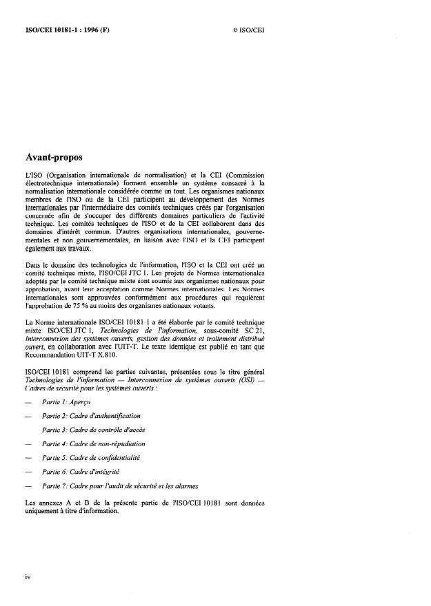 ISO/IEC 10181-1:1996 ISO/IEC 10181-1:1996 - Technologies de l'information -- Interconnexion de systemes ouverts (OSI) -- Cadres de sécurité pour les systemes ouverts: Aperçu - Page 4 preview
