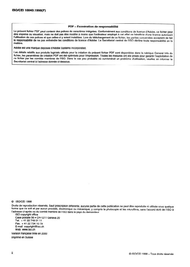 ISO/IEC 10040:1998 ISO/IEC 10040:1998 - Technologies de l'information -- Interconnexion de systemes ouverts (OSI) -- Aperçu général de la gestion-systemes - Page 2 preview