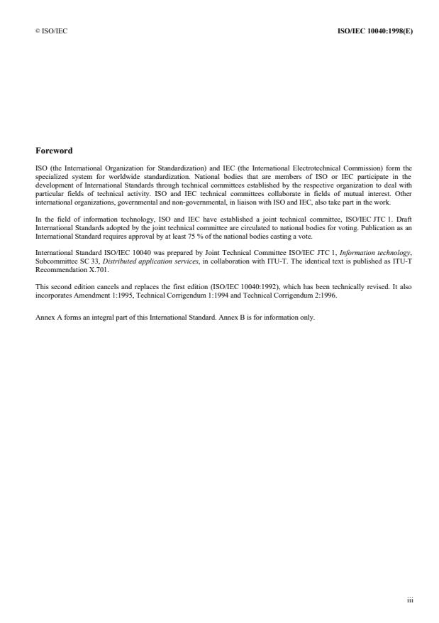 ISO/IEC 10040:1998 ISO/IEC 10040:1998 - Information technology -- Open Systems Interconnection -- Systems management overview - Page 3 preview