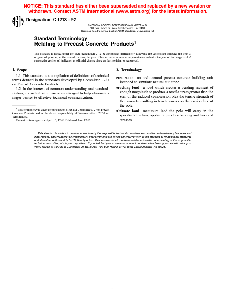 ASTM C1213-92 - Standard Terminology Relating to Precast Concrete Products (Withdrawn 2001)