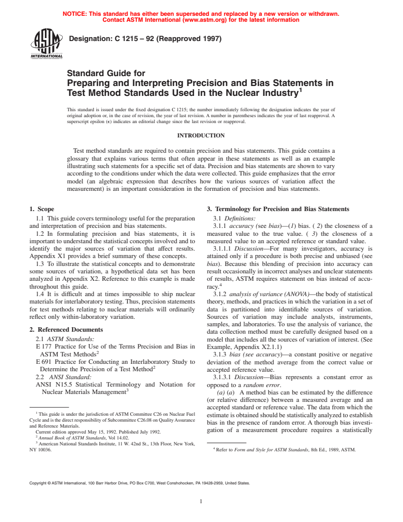 ASTM C1215-92(1997) - Standard Guide for Preparing and Interpreting Precision and Bias Statements in Test Method Standards Used in the Nuclear Industry