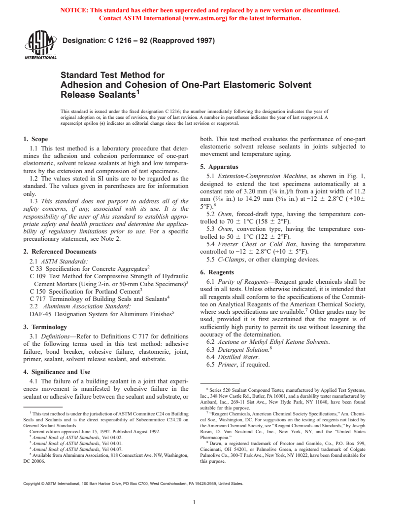 ASTM C1216-92(1997) - Standard Test Method for Adhesion and Cohesion of One-Part Elastomeric Solvent Release Sealants